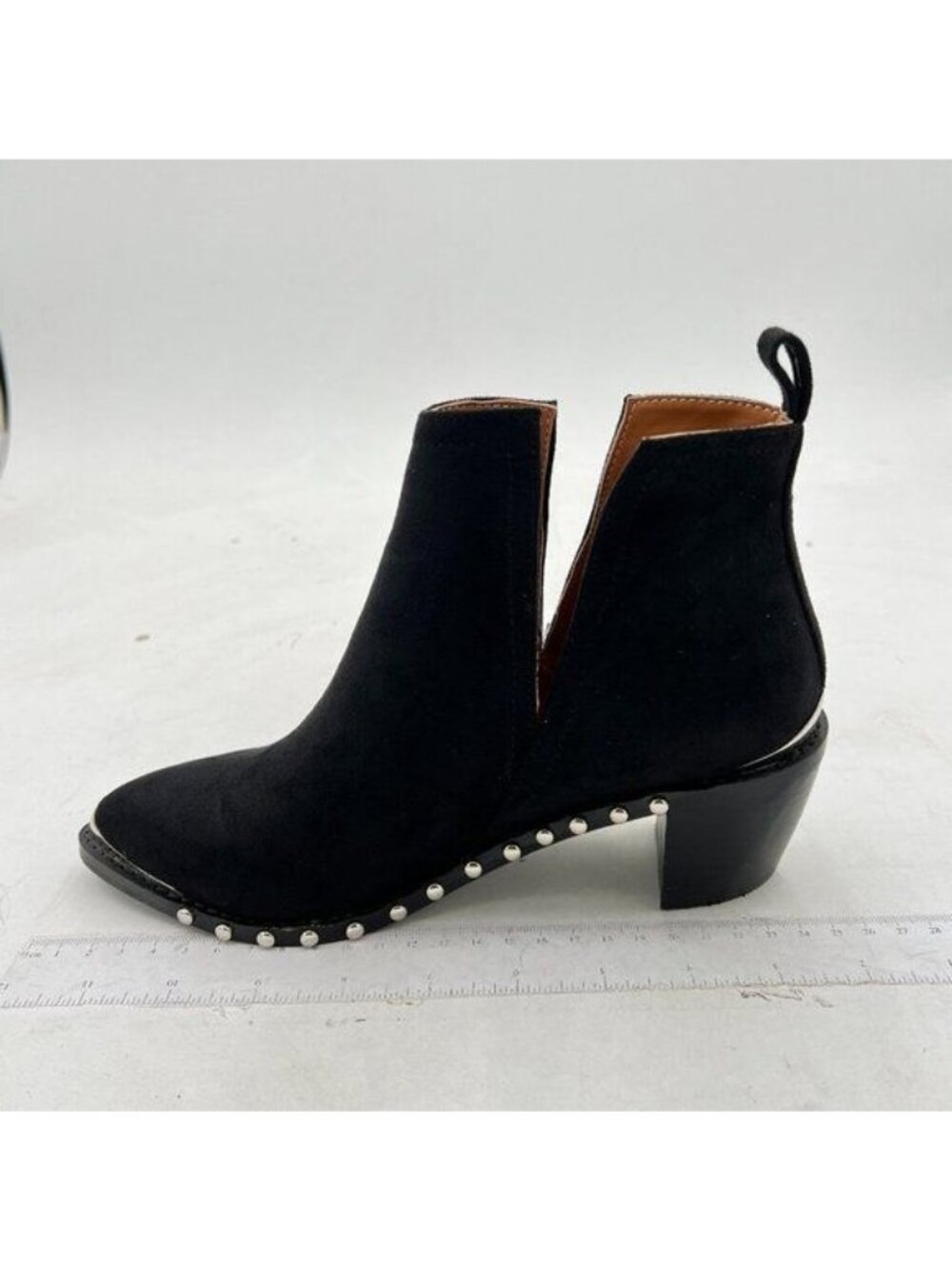 YDN Black Low Heeled Ankle Boots Faux Suede Booties Cutout with Metal Toe Shoes